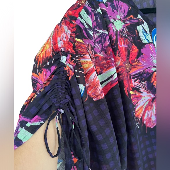 Lane Bryant Size 18-20W Sheer Colorful Floral Wrap Blouse Shirt Black V Neck Tie - Picture 3 of 5